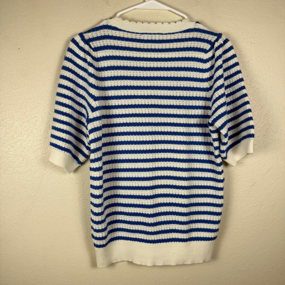 Draper James Blue White Striped Scalloped Neck Short Sleeve Sweater Womens Med - Picture 3 of 8
